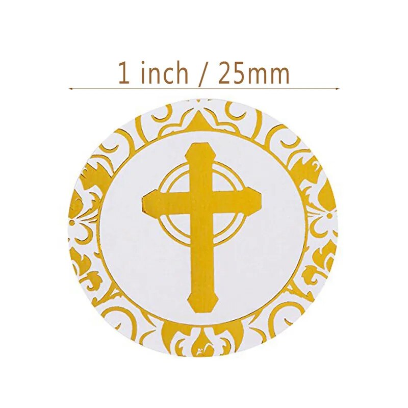 Christian Cross Envelope Seal Stickers  ~ 1 inch Gilded Round ~ 50 / Roll