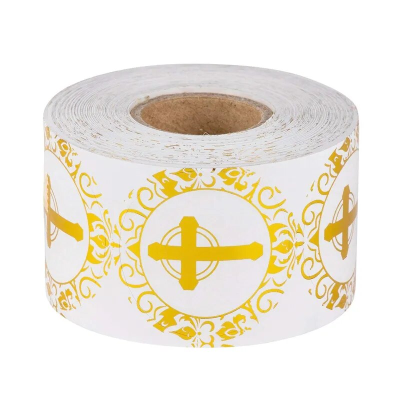 Christian Cross Envelope Seal Stickers  ~ 1 inch Gilded Round ~ 50 / Roll