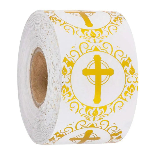 Christian Cross Envelope Seal Stickers  ~ 1 inch Gilded Round ~ 50 / Roll