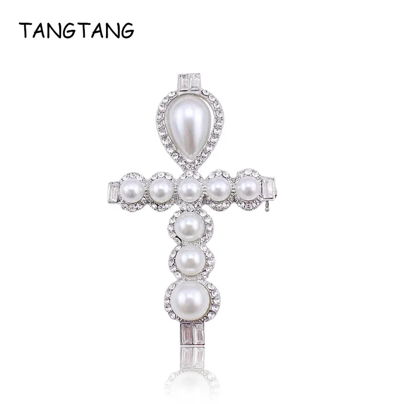 TANGTANG Cross Brooch Pearl Rhinestone Brooch Pin For Women Crystal Jewelry Pins Believe in Jesus Christian Gift Good Quality