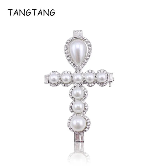 TANGTANG Cross Brooch Pearl Rhinestone Brooch Pin For Women Crystal Jewelry Pins Believe in Jesus Christian Gift Good Quality