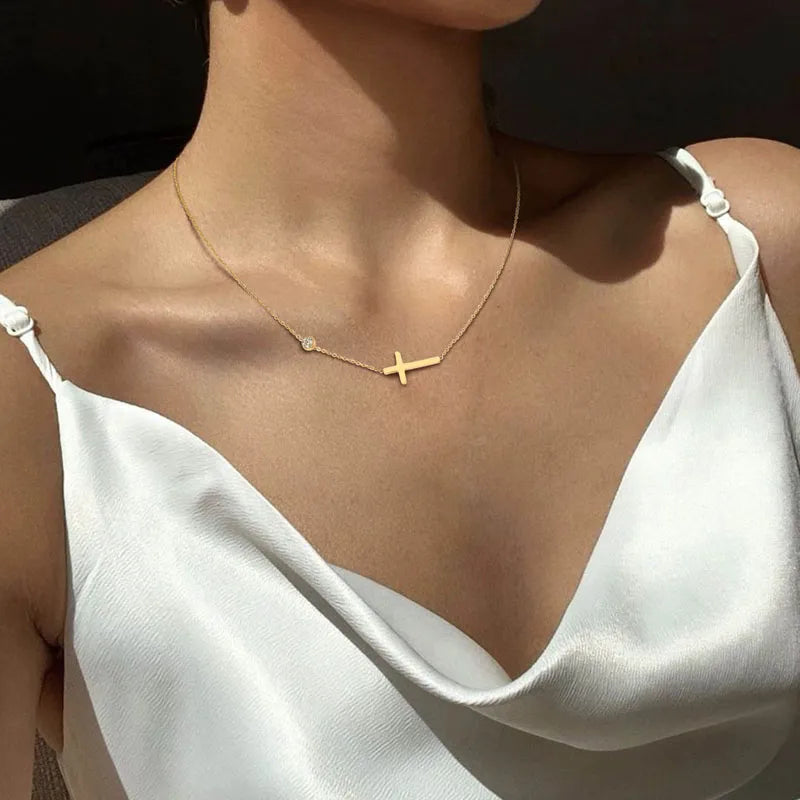 Delicate Petite Sideway Cross Pendant ~  Stainless Steel ~ "Wear Your Faith" Collection