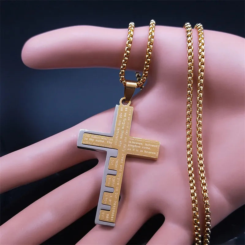 Cross Christian Church Prayer Necklace Men Stainless Steel